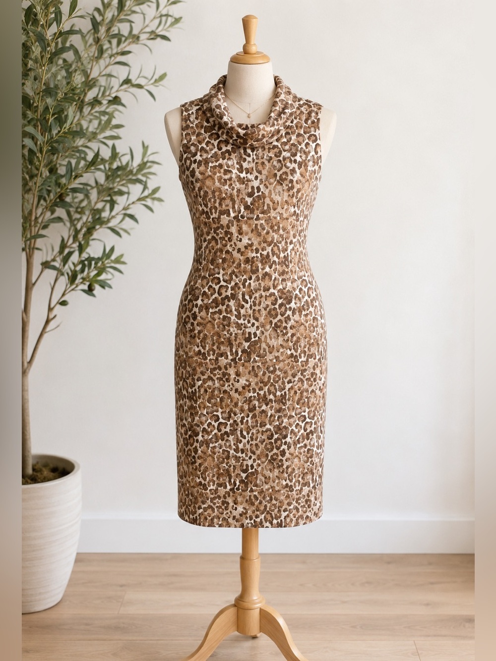 J. McLaughlin Diaz Leopard Print Faux Suede Sleeveless Sheath Dress Cowl Neck L